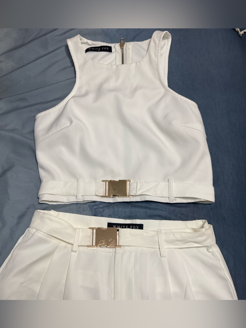 Whitefox Satin White Trouser set with Gold Belt